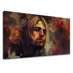 Модерна слика на платно со мотив Kurt Cobain - V srdci grunge во кафеаво-златно нијанси, меланхолична атмосфера, рок и рол | Слика Kurt Cobain - V srdci grunge – главна