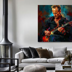Рачно насликана слика на платно со мотив Sting - Крал Grammy во сино-црвено нијанси, интензивна атмосфера, рок и рол и креативност | Слика Sting - Крал Grammy – производ