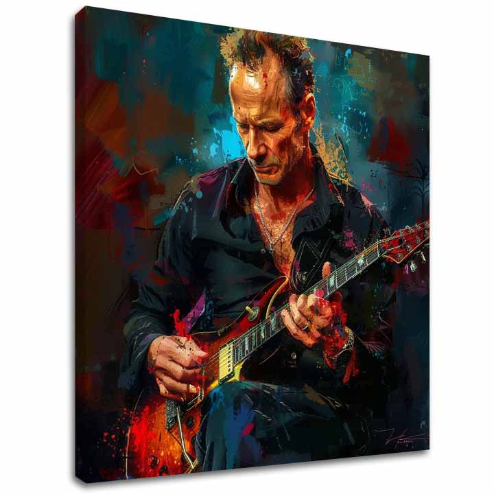 Рачно насликана слика на платно со мотив Sting - Крал Grammy во сино-црвено нијанси, интензивна атмосфера, рок и рол и креативност | Слика Sting - Крал Grammy – главна
