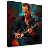 Рачно насликана слика на платно со мотив Sting - Крал Grammy во сино-црвено нијанси, интензивна атмосфера, рок и рол и креативност | Слика Sting - Крал Grammy – главна