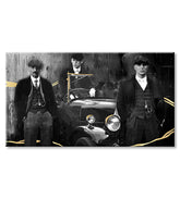 Рачно насликана слика на платно со мотив PREMIUM ART – Peaky Blinders bratia, автомобил во сиво-златно нијанси, погоден за дневна соба | Слики на платно - PREMIUM ART – Peaky Blinders bratia