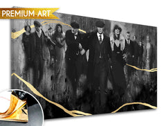 Рачно насликана слика на платно со мотив PREMIUM ART – Peaky Blinders семејство во сиво-златно нијанси, семејство и сила и моќ, погоден за дневна соба – производ