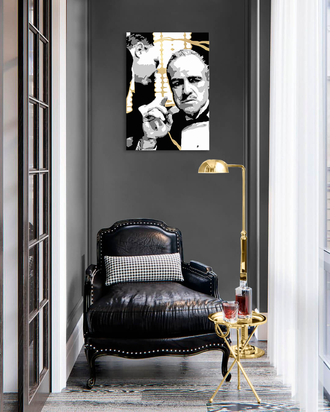 Рачно насликана слика на платно со мотив PREMIUM ART – The Godfather во црно-бело нијанси, драматична атмосфера, филмски свет и сила и моќ – главна