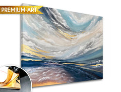 Рачно насликана слика на платно со мотив PREMIUM ART – V oblakoch, облаци, небо, пејзаж во бело-сино нијанси, етерична атмосфера, погоден за спална соба – производ