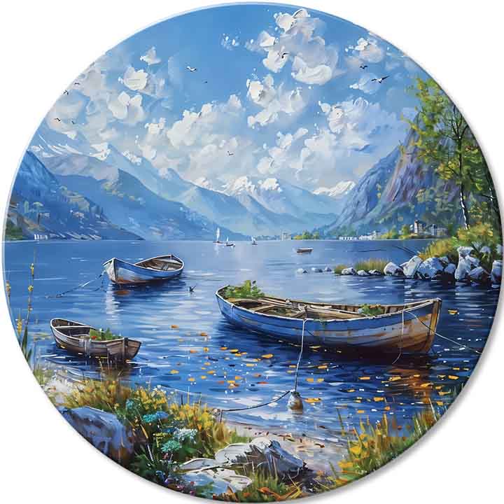 Рачно насликана слика на платно со мотив Alpské Člny, езеро, планини, небо, облаци во сино нијанси, мирна атмосфера, природа | Кружно слики s akrylom Alpské Člny – главна