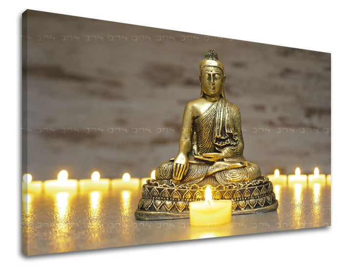 Класична слика на платно со мотив FENG SHUI, природа во златно нијанси, мирна атмосфера, духовност и внатрешен мир, погоден за дневна соба – главна