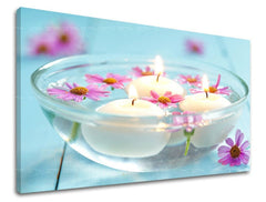 Класична слика на платно со мотив FENG SHUI, цвеќиња, мапа, природа во бело-сино нијанси, мирна атмосфера, природа, погоден за дневна соба – главна