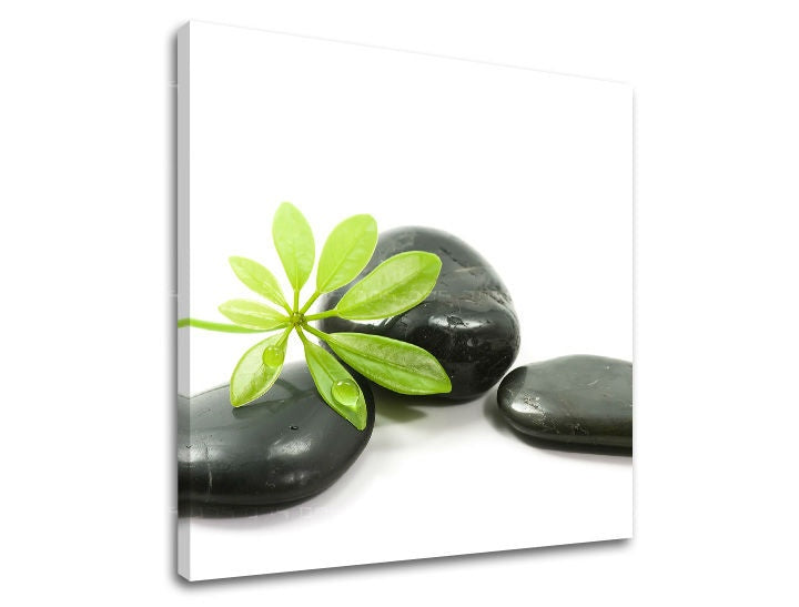 Класична слика на платно со мотив FENG SHUI, листови, пејзаж, природа во сино-сребрено нијанси, мирна атмосфера, природа и раст и развој – главна