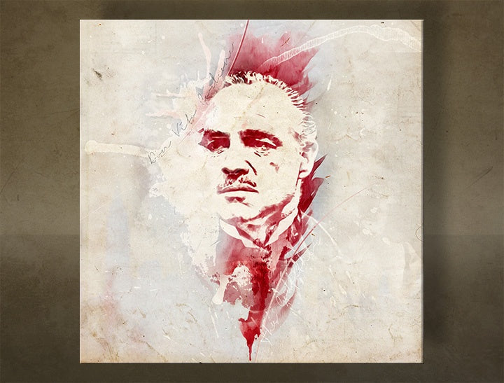 Модерна слика на платно со мотив Godfather Marlon Brando - AQUArt во бело-беж нијанси, интензивна атмосфера, филмски свет и сила и моќ – главна