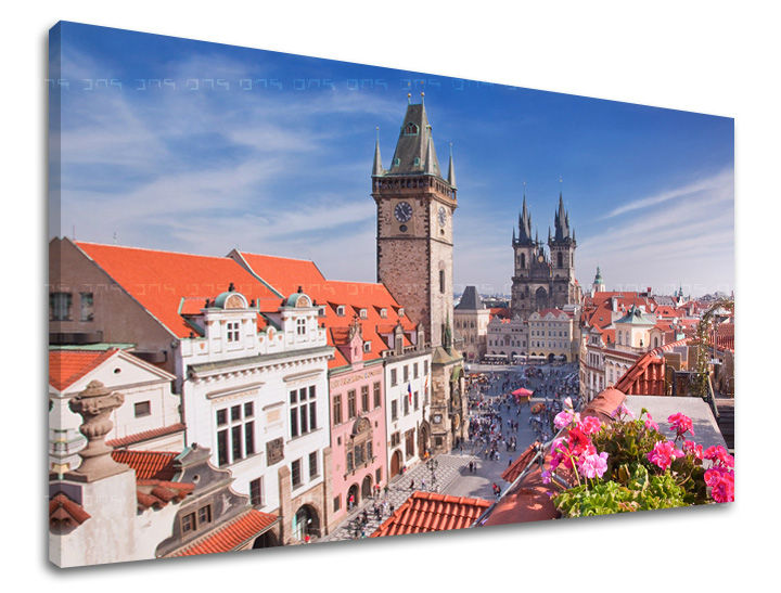 Класична слика на платно со мотив ГРАД PRAHA, Praha во бело-сино нијанси, живописна атмосфера, градски живот, погоден за канцеларија | Слика за ѕид ГРАД PRAHA – главна