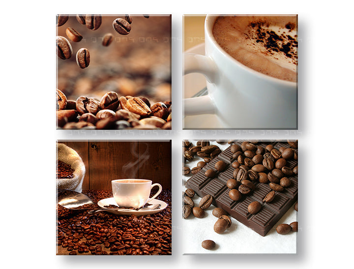 Колаж слика на платно со мотив Coffee time, шолја кафе, религиозен мотив во беж-кафеаво нијанси, пријатна атмосфера, повеќеделна изведба – главна