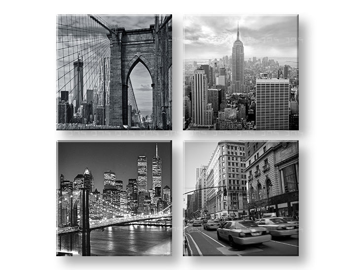 Поп арт слика на платно со мотив Big apple во бело-црно нијанси, градски живот, повеќеделна изведба, погоден за канцеларија | Слика за ѕид Big apple – главна