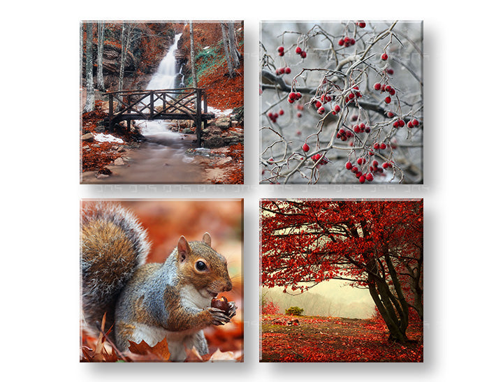 Колаж слика на платно со мотив Beauty of Autumn, водопад, пејзаж, природа во кафеаво-портокалово нијанси, мирна атмосфера, повеќеделна изведба – главна