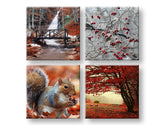 Колаж слика на платно со мотив Beauty of Autumn, водопад, пејзаж, природа во кафеаво-портокалово нијанси, мирна атмосфера, повеќеделна изведба – главна