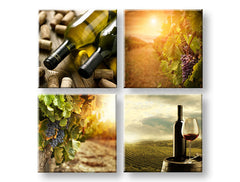 Колаж слика на платно со мотив Meeting in the vineyard, грозје, чаша вино, пејзаж, мапа во зелено-жолто нијанси, рустикална атмосфера – главна