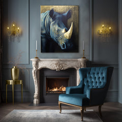 Со златен печат слика на платно со мотив Rhino's Armor of the Savanna, животно во сино-златно нијанси, величествена атмосфера, погоден за работна соба – производ