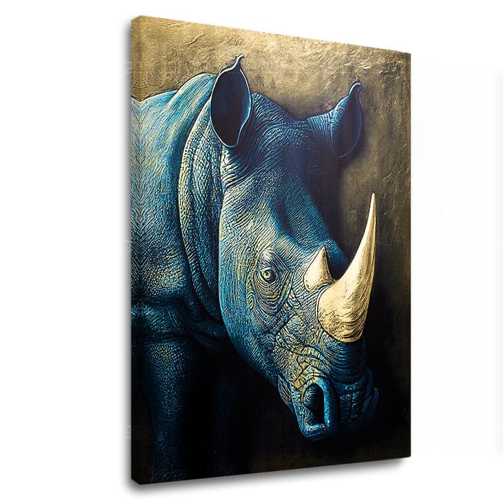 Со златен печат слика на платно со мотив Rhino's Armor of the Savanna, животно во сино-златно нијанси, величествена атмосфера, погоден за работна соба – главна