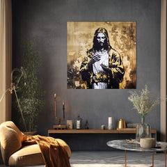 Со златен печат слика на платно со мотив Strength of Christ, пејзаж, религиозен мотив во бело-златно нијанси, свечена атмосфера, погоден за дневна соба – производ