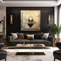 Со златен печат слика на платно со мотив Symmetry in Gold во сребрено-златно нијанси, контемплативна атмосфера, минимализам, погоден за дневна соба – производ