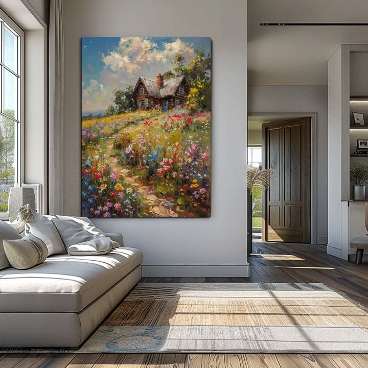 Сликарство на платно Колиба во поле со цвеќиња | Акрилни детали