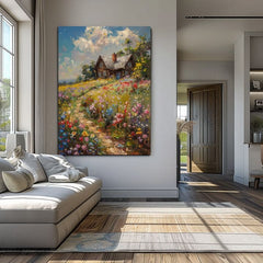 Сликарство на платно Колиба во поле со цвеќиња | Акрилни детали