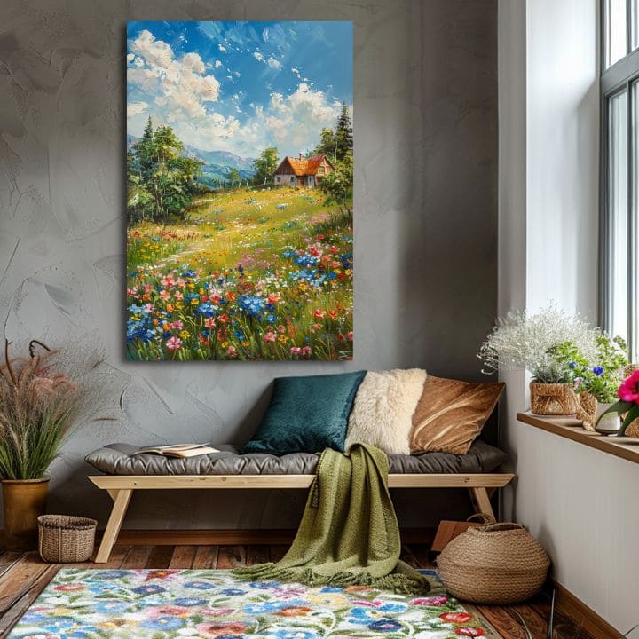 Пејзажно сликарство на платно Колиба во планините | Акрилни детали
