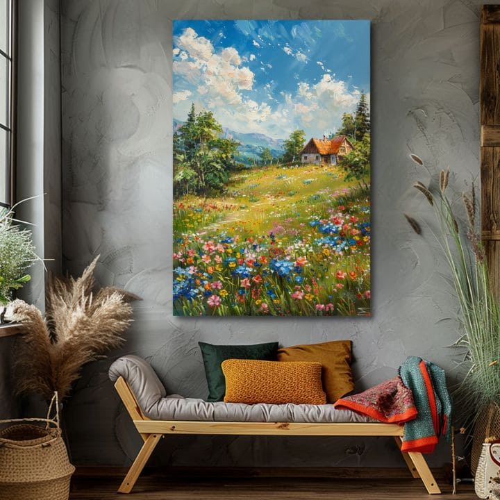 Пејзажно сликарство на платно Колиба во планините | Акрилни детали