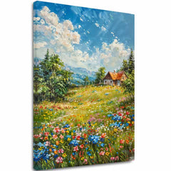 Пејзажно сликарство на платно Колиба во планините | Акрилни детали