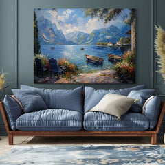 Пејзажно сликарство на платно Пристаништето во планините | Акрилни детали