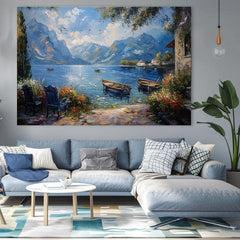 Пејзажно сликарство на платно Пристаништето во планините | Акрилни детали