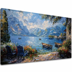 Пејзажно сликарство на платно Пристаништето во планините | Акрилни детали