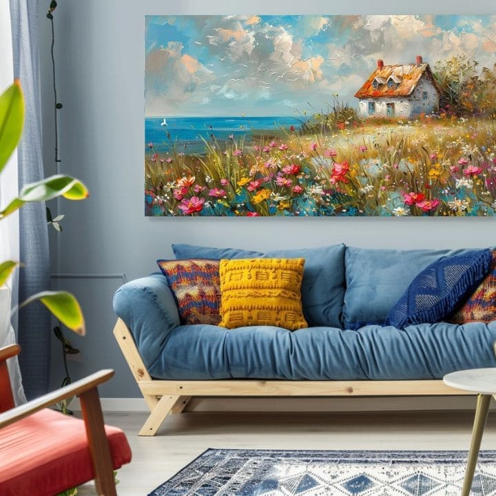 Сликата на пејзаж на платно Селска куќа во цвеќиња | Акрилни детали