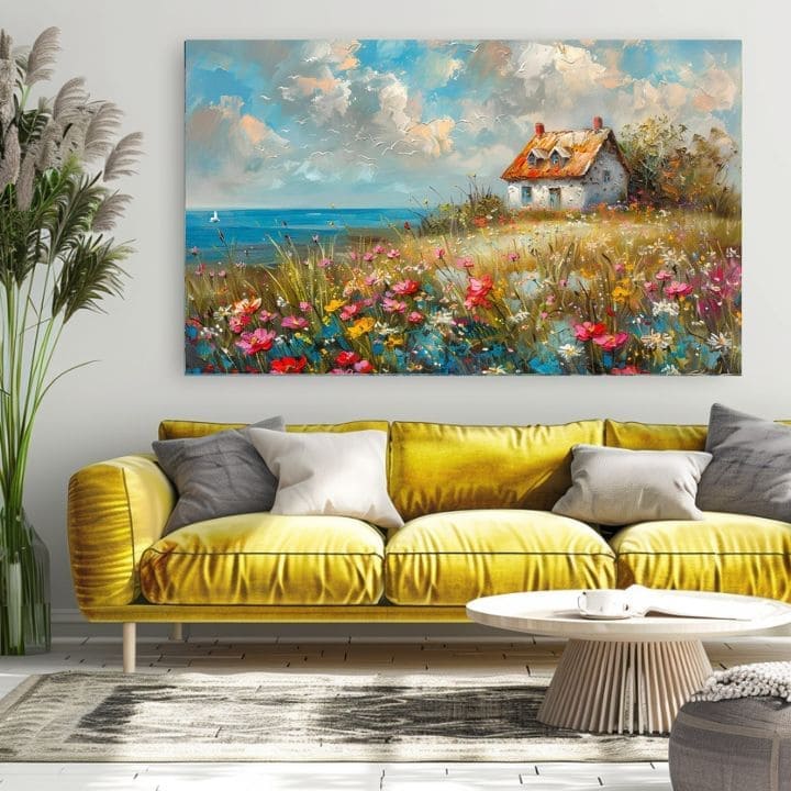 Сликата на пејзаж на платно Селска куќа во цвеќиња | Акрилни детали