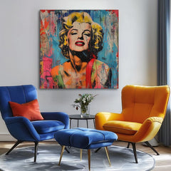 Модерна слика на платно со мотив Marilyn Monroe - Rebelka vo farbách во жолто-црвено нијанси, енергична атмосфера, слава и иконографија | Слика Marilyn Monroe - Rebelka vo farbách – pr..., поглед 2