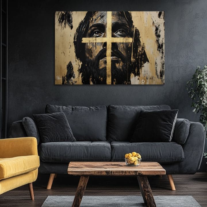 Исус Спасителот со златен крст | Обоена со акрилик и златен лист