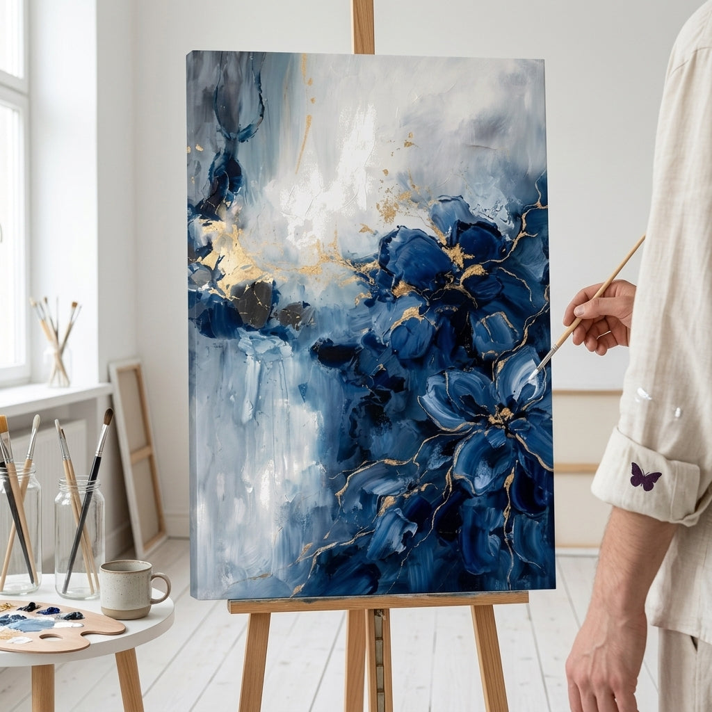 Уметник во ателјето Papilora работи на апстрактна слика со сини тонови покрај дрвен штафелај со дневна светлина.
