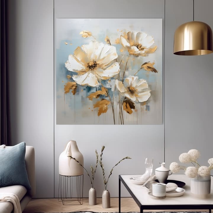 Индустриска слика на платно со мотив Symfónia elegancie, цвеќиња, макови, листови, пејзаж во бело-беж нијанси, мирна атмосфера, погоден за ходник – производ