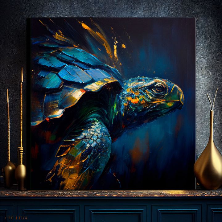 Поп арт слика на платно со мотив PREMIUM ART - Green Turtle Odyssey, океан, пејзаж, природа во сино-златно нијанси, мирна атмосфера, погоден за дневна соба – производ