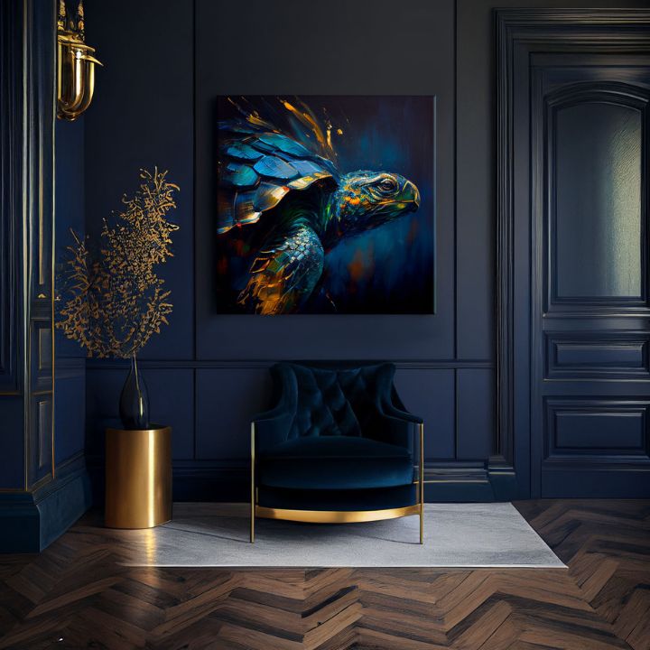 Поп арт слика на платно со мотив PREMIUM ART - Green Turtle Odyssey, океан, пејзаж, природа во сино-златно нијанси, мирна атмосфера, погоден за дневна соба – производ, поглед 2