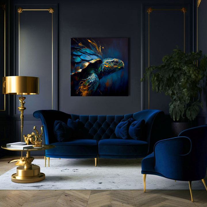 Поп арт слика на платно со мотив PREMIUM ART - Green Turtle Odyssey, океан, пејзаж, природа во сино-златно нијанси, мирна атмосфера, погоден за дневна соба – производ, поглед 3
