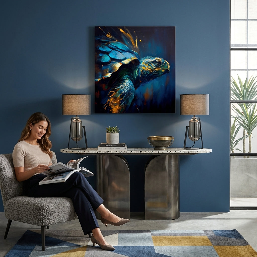 Поп арт слика на платно со мотив PREMIUM ART - Green Turtle Odyssey, океан, пејзаж, природа во сино-златно нијанси закачена во ентериер на дневна соба – ентериер