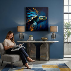 Поп арт слика на платно со мотив PREMIUM ART - Green Turtle Odyssey, океан, пејзаж, природа во сино-златно нијанси закачена во ентериер на дневна соба – ентериер