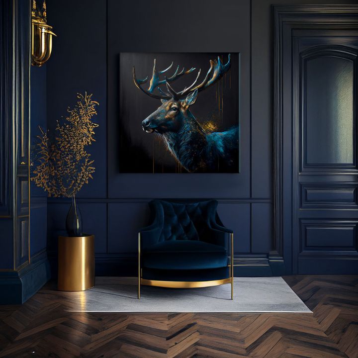 Арт деко слика на платно со мотив PREMIUM ART - Peaceful Forest Guardian, елен во сино-златно нијанси, величествена атмосфера, погоден за работна соба – производ