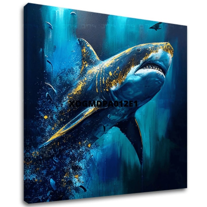 Во бохо стил слика на платно со мотив PREMIUM ART - Shark Force in Dark Water, океан, море и плажа во сино-златно нијанси, величествена атмосфера – главна