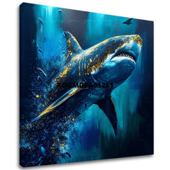 Во бохо стил слика на платно со мотив PREMIUM ART - Shark Force in Dark Water, океан, море и плажа во сино-златно нијанси, величествена атмосфера – главна
