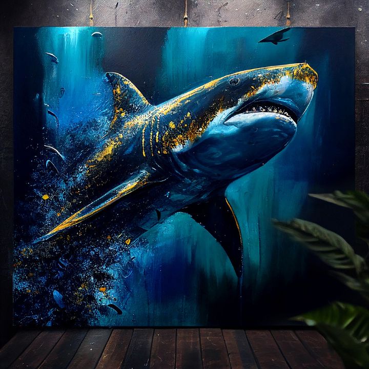 Во бохо стил слика на платно со мотив PREMIUM ART - Shark Force in Dark Water, океан, море и плажа во сино-златно нијанси, величествена ��тмосфера – производ