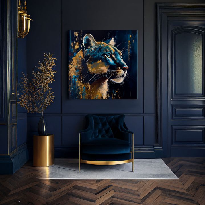 Арт деко слика на платно со мотив PREMIUM ART - Silent Puma's Gaze, пејзаж, природа во сино-златно нијанси, величествена атмосфера, погоден за работна соба – производ