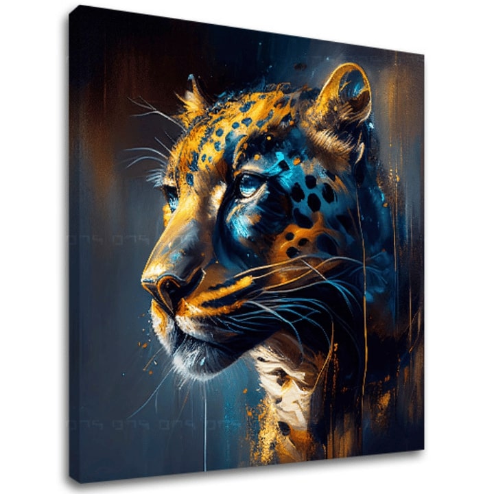 Арт деко слика на платно со мотив PREMIUM ART - Jaguar's Grace in the Wild во сино-портокалово нијанси, интензивна атмосфера, погоден за работна соба – главна