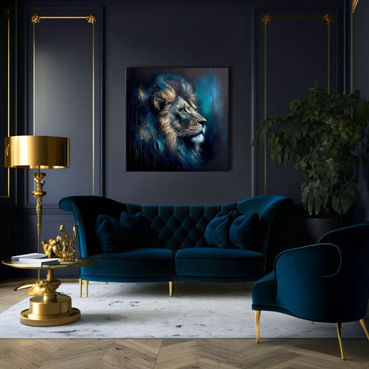Арт деко слика на платно со мотив PREMIUM ART - Lion's Strength and Grace, лав во сино-портокалово нијанси, величествена атмосфера, погоден за канцеларија – производ, поглед 3
