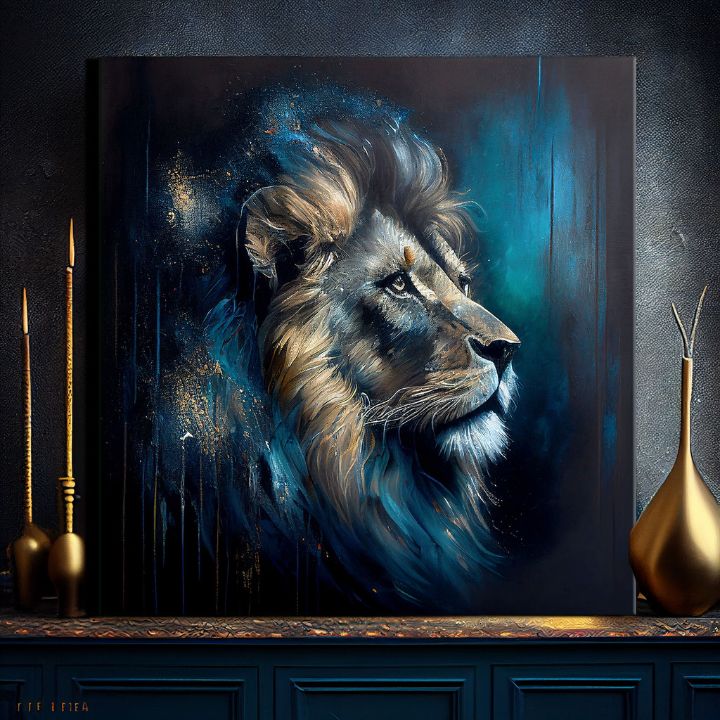 Арт деко слика на платно со мотив PREMIUM ART - Lion's Strength and Grace, лав во сино-портокалово нијанси, величествена атмосфера, погоден за канцеларија – производ